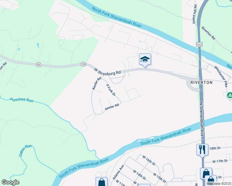 map of restaurants, bars, coffee shops, grocery stores, and more near 1194 South Fork Drive in Front Royal