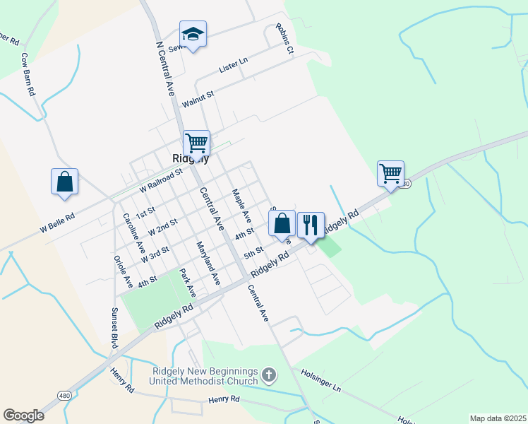 map of restaurants, bars, coffee shops, grocery stores, and more near 305 Sunrise Avenue in Ridgely