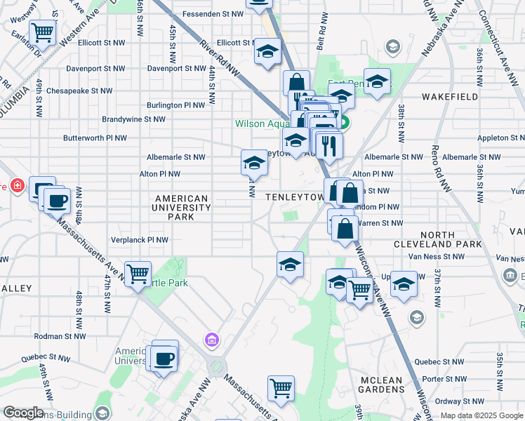 map of restaurants, bars, coffee shops, grocery stores, and more near 4205 Warren Street Northwest in Washington