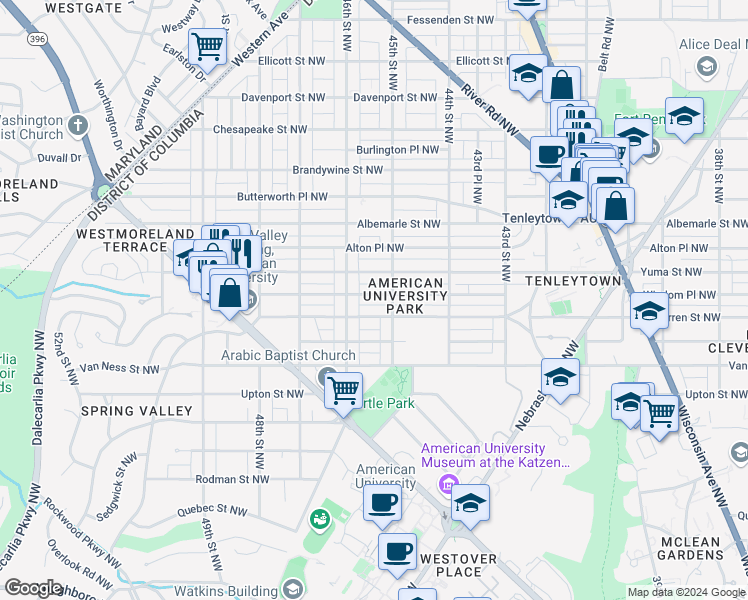 map of restaurants, bars, coffee shops, grocery stores, and more near 4516 Windom Place Northwest in Washington