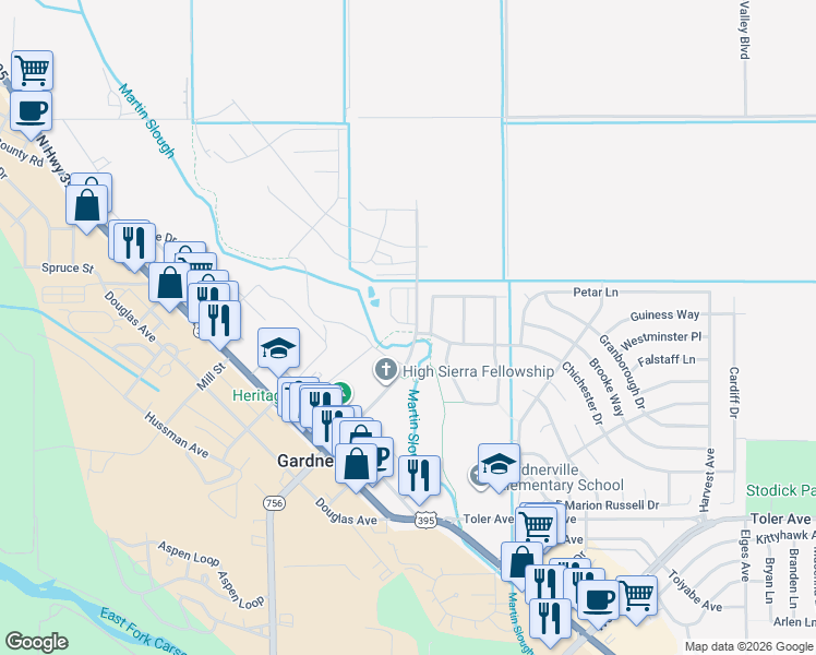map of restaurants, bars, coffee shops, grocery stores, and more near 1472 Slaughterhouse Lane in Gardnerville