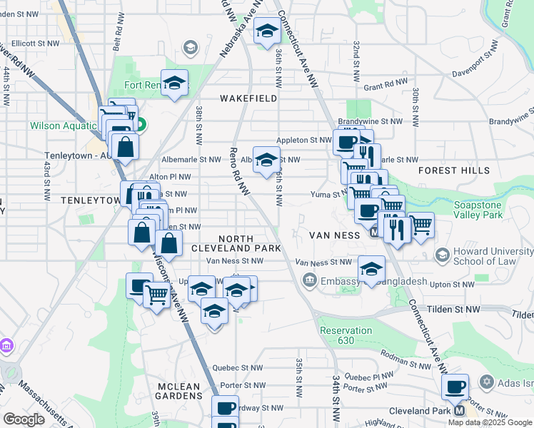 map of restaurants, bars, coffee shops, grocery stores, and more near in Washington