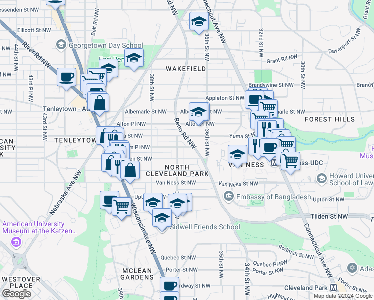 map of restaurants, bars, coffee shops, grocery stores, and more near 3630 Windom Place Northwest in Washington