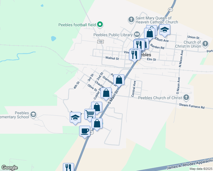 map of restaurants, bars, coffee shops, grocery stores, and more near 671 Shaker Run Road in Peebles