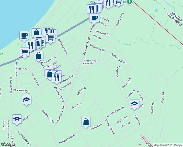 map of restaurants, bars, coffee shops, grocery stores, and more near 3814 Stewart Way in South Lake Tahoe