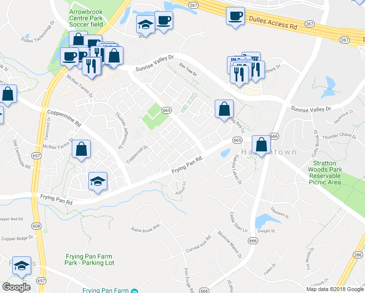 map of restaurants, bars, coffee shops, grocery stores, and more near 2509 Clover Field Circle in Herndon