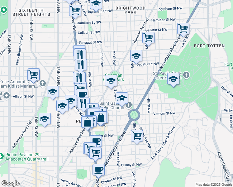 map of restaurants, bars, coffee shops, grocery stores, and more near 4501 7th Street Northwest in Washington