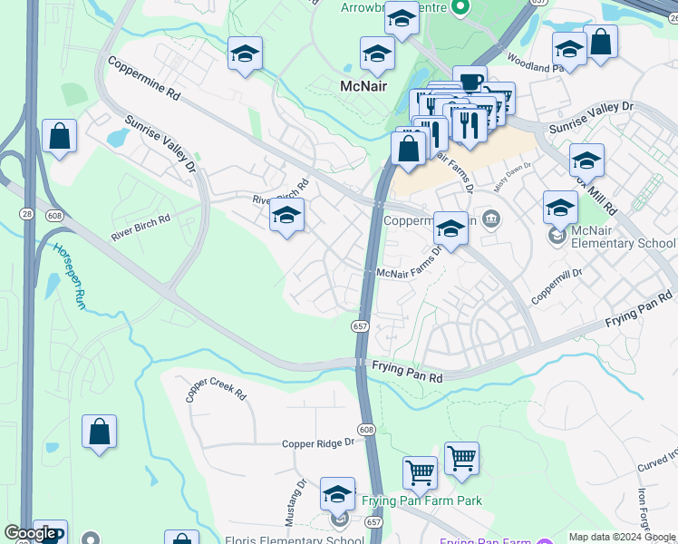 map of restaurants, bars, coffee shops, grocery stores, and more near 2509 Polly Jefferson Way in Herndon