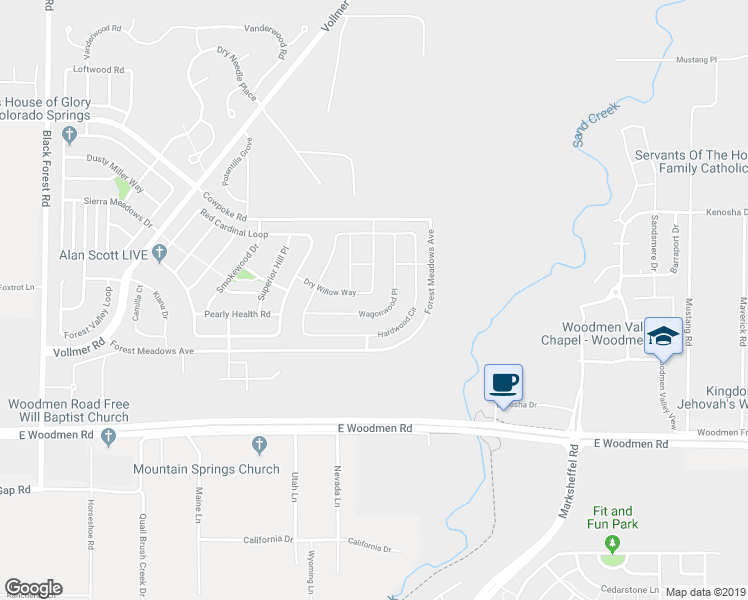 map of restaurants, bars, coffee shops, grocery stores, and more near 7829 Dry Willow Way in Colorado Springs