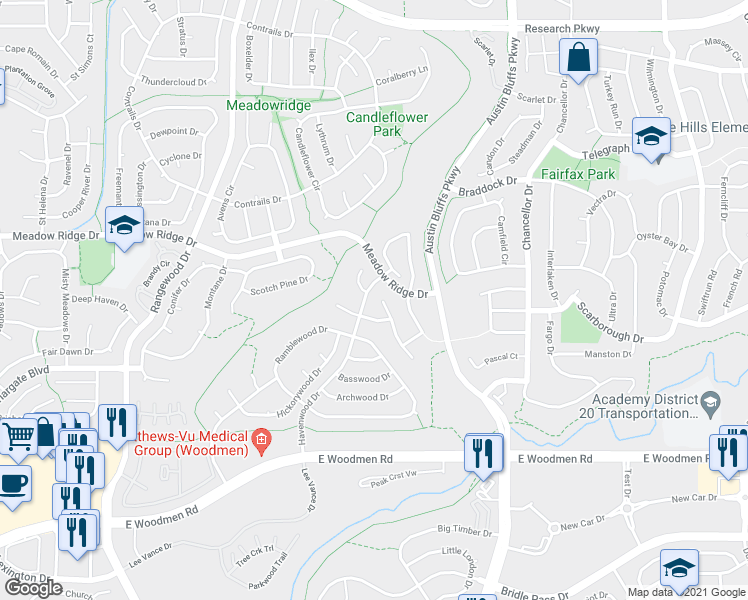 map of restaurants, bars, coffee shops, grocery stores, and more near 7941 Silver Maple Lane in Colorado Springs