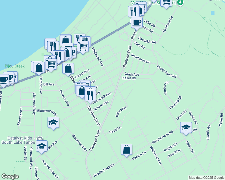 map of restaurants, bars, coffee shops, grocery stores, and more near 1136 Wildwood Avenue in South Lake Tahoe