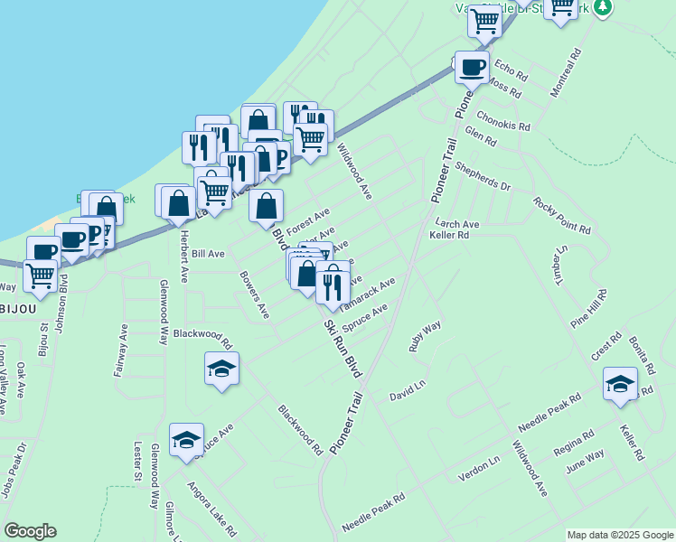 map of restaurants, bars, coffee shops, grocery stores, and more near 3692 Aspen Avenue in South Lake Tahoe