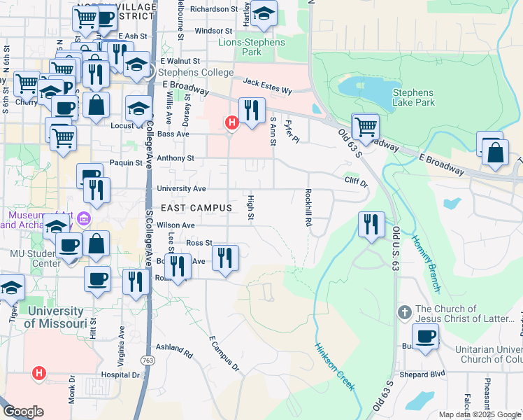 map of restaurants, bars, coffee shops, grocery stores, and more near 1626 University Avenue in Columbia