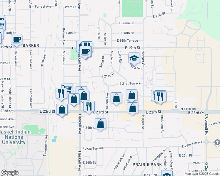 map of restaurants, bars, coffee shops, grocery stores, and more near 1404 East 21st Terrace in Lawrence