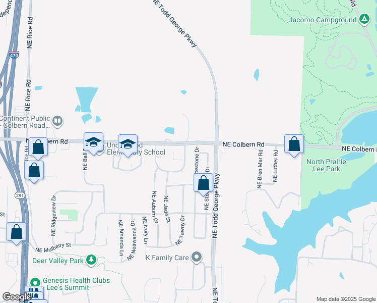 map of restaurants, bars, coffee shops, grocery stores, and more near 1820 Northeast Whitestone Drive in Lee's Summit