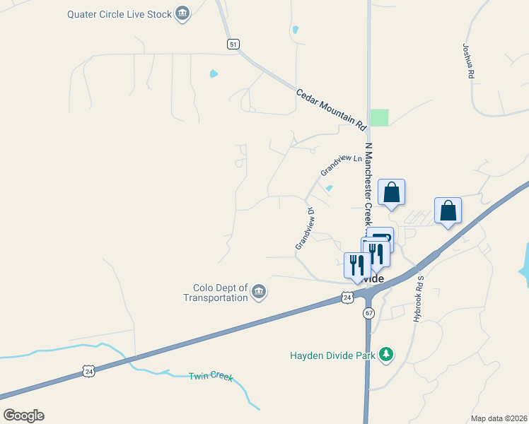 map of restaurants, bars, coffee shops, grocery stores, and more near 639 Grandview Drive in Divide
