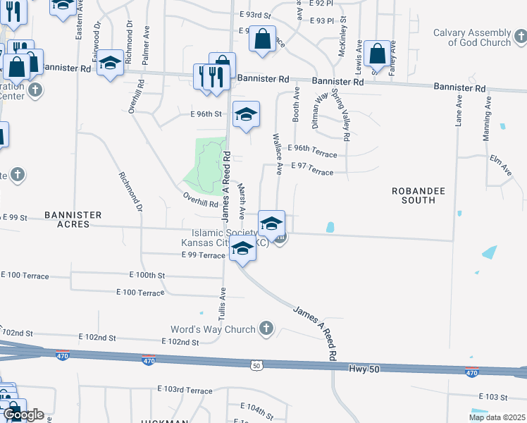 map of restaurants, bars, coffee shops, grocery stores, and more near 9809 Donnelly Avenue in Kansas City