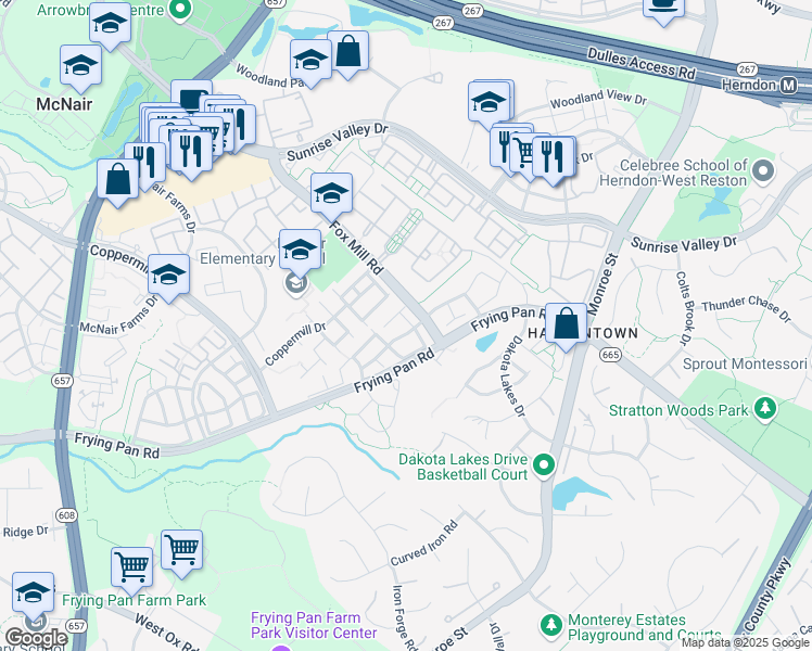 map of restaurants, bars, coffee shops, grocery stores, and more near 2473 Clover Field Circle in Herndon