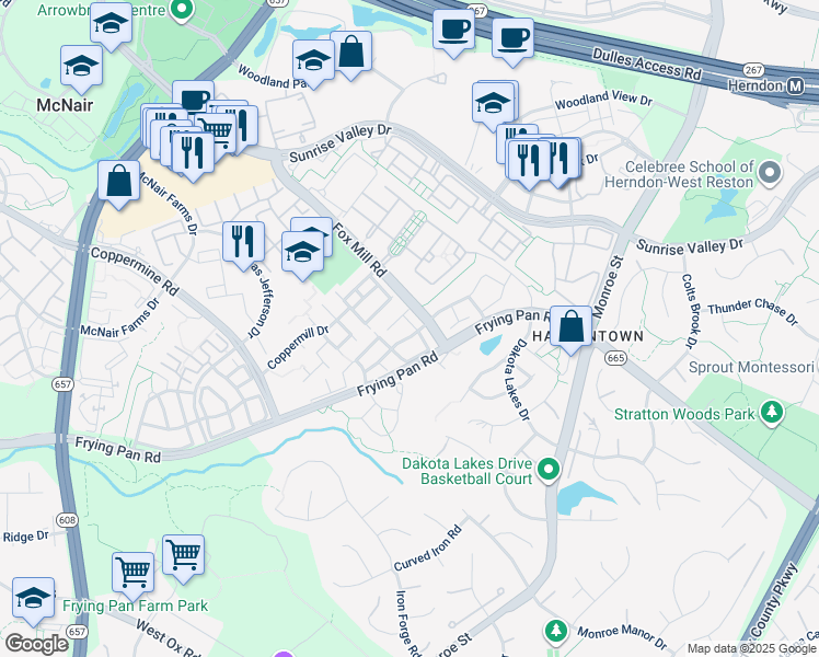 map of restaurants, bars, coffee shops, grocery stores, and more near 2473 Clover Field Circle in Herndon