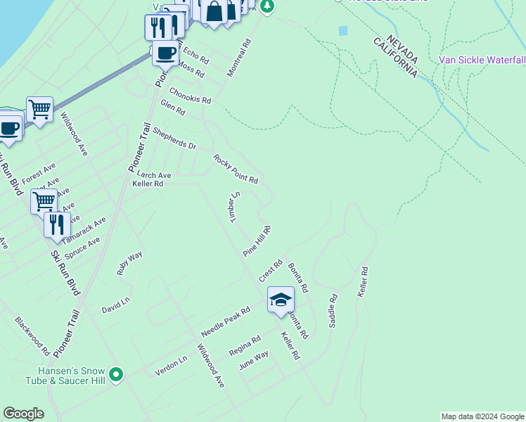 map of restaurants, bars, coffee shops, grocery stores, and more near 3364 Pine Hill Road in South Lake Tahoe