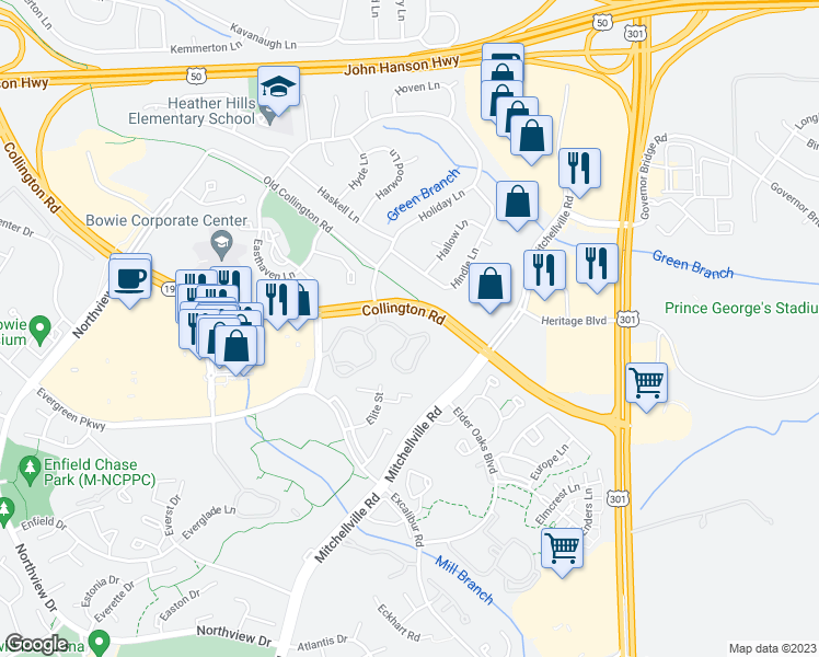 map of restaurants, bars, coffee shops, grocery stores, and more near 16006 English Oaks Avenue in Bowie