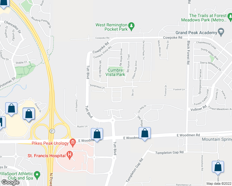 map of restaurants, bars, coffee shops, grocery stores, and more near 7739 Crestone Peak Trail in Colorado Springs