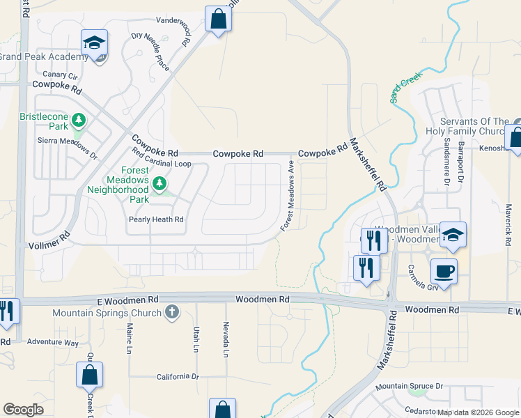 map of restaurants, bars, coffee shops, grocery stores, and more near 7829 Dry Willow Way in Colorado Springs