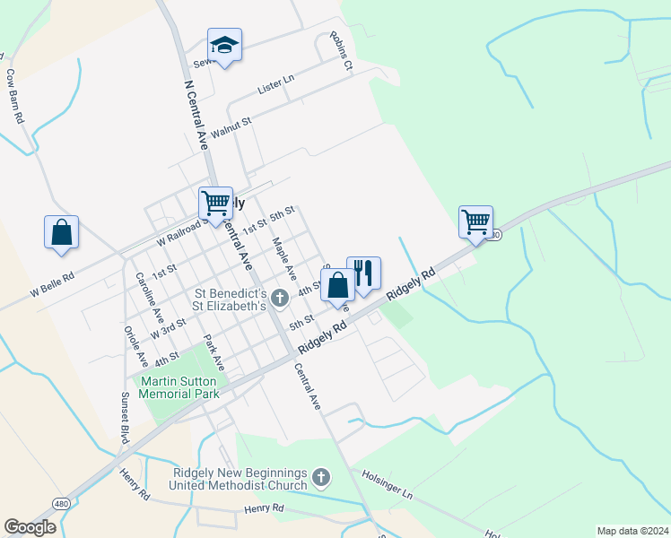 map of restaurants, bars, coffee shops, grocery stores, and more near 302 Sunrise Avenue in Ridgely