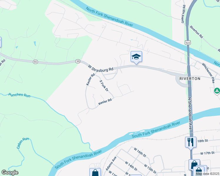 map of restaurants, bars, coffee shops, grocery stores, and more near 1194 South Fork Drive in Front Royal