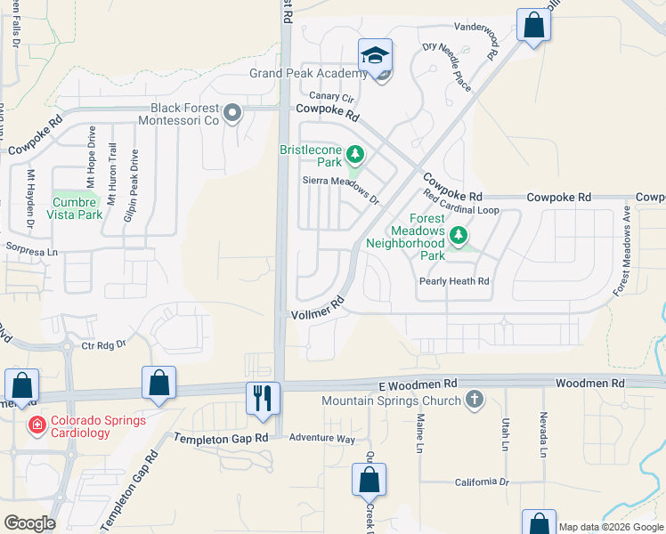 map of restaurants, bars, coffee shops, grocery stores, and more near 6931 Forest Garden Trail in Colorado Springs