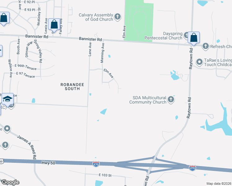 map of restaurants, bars, coffee shops, grocery stores, and more near 8724 East 97th Terrace in Kansas City