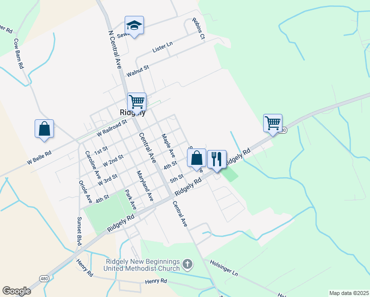 map of restaurants, bars, coffee shops, grocery stores, and more near 305 Sunrise Avenue in Ridgely