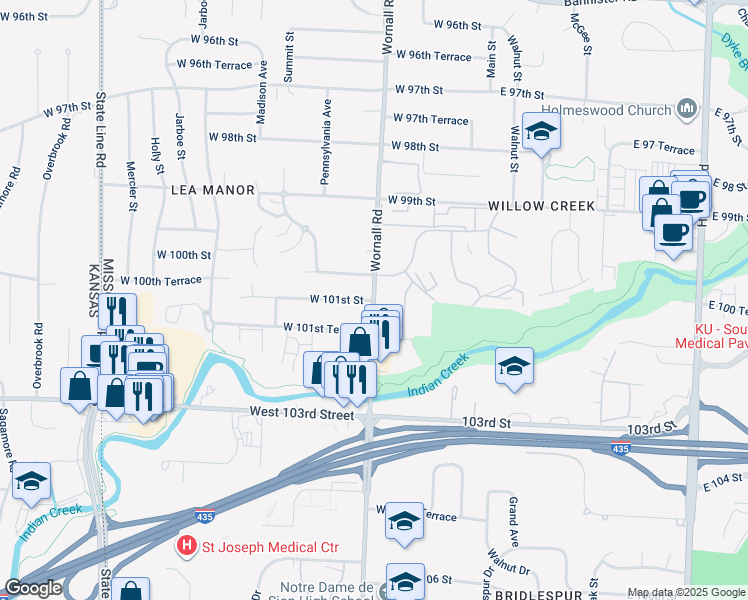 map of restaurants, bars, coffee shops, grocery stores, and more near 10105 Wornall Road in Kansas City