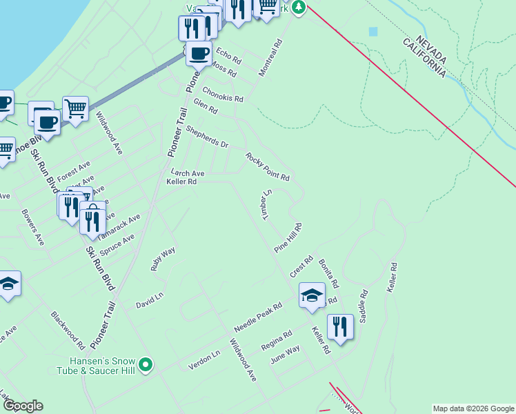 map of restaurants, bars, coffee shops, grocery stores, and more near 1223 Timber Lane in South Lake Tahoe