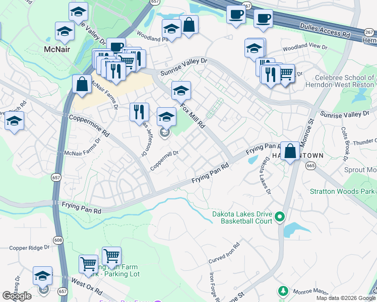 map of restaurants, bars, coffee shops, grocery stores, and more near 2473 Sugar Mill Way in Herndon