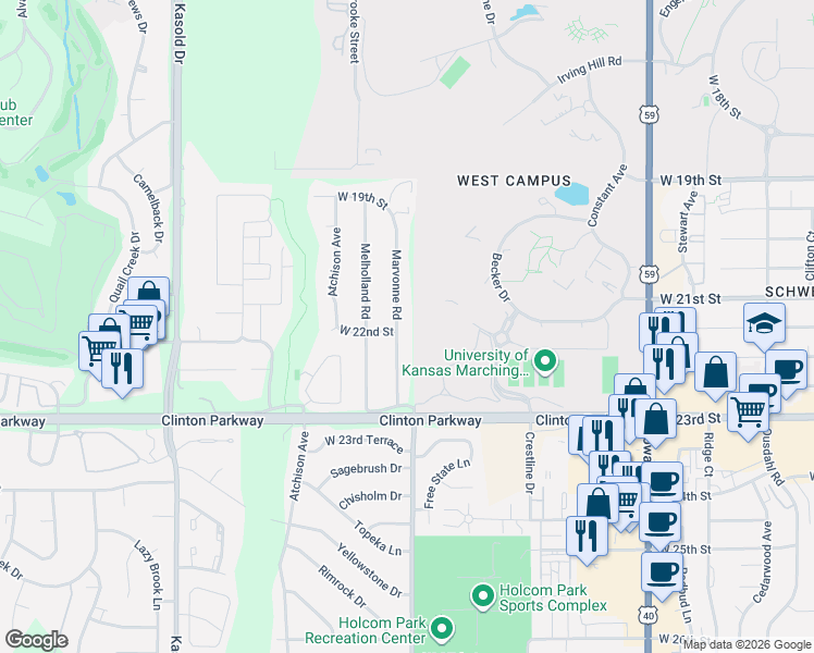 map of restaurants, bars, coffee shops, grocery stores, and more near 2114 Marvonne Road in Lawrence