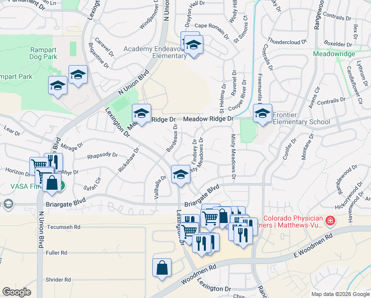 map of restaurants, bars, coffee shops, grocery stores, and more near 7920 Belford Drive in Colorado Springs