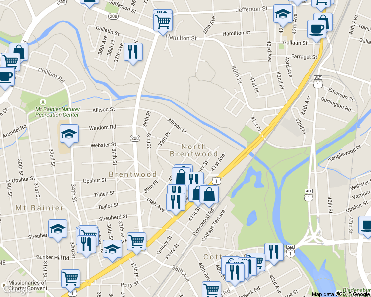 map of restaurants, bars, coffee shops, grocery stores, and more near 3915 Windom Road in North Brentwood