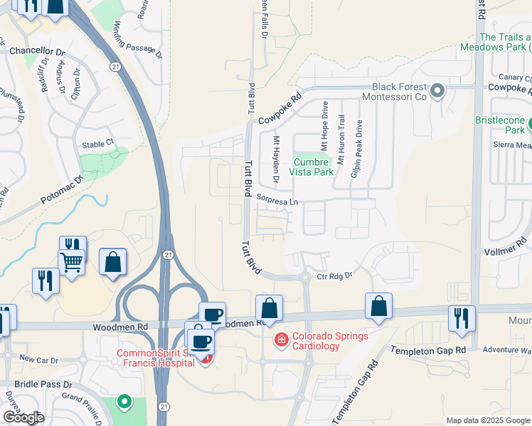 map of restaurants, bars, coffee shops, grocery stores, and more near 5868 Cumbre Vista Way in Colorado Springs