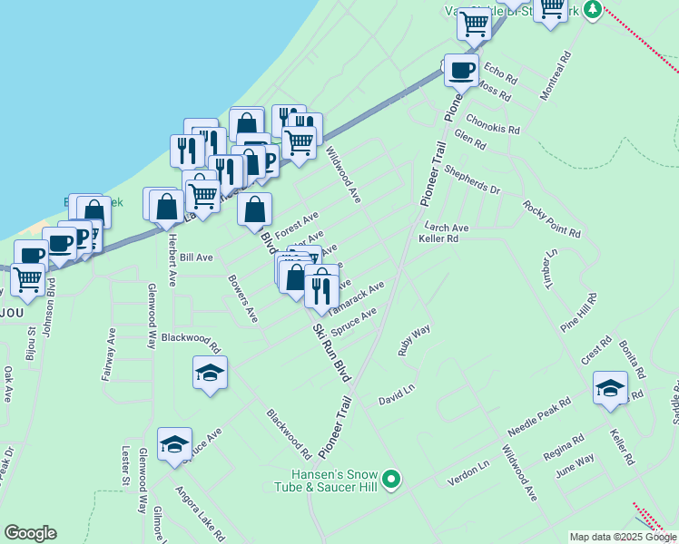 map of restaurants, bars, coffee shops, grocery stores, and more near 3692 Aspen Avenue in South Lake Tahoe
