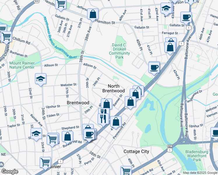 map of restaurants, bars, coffee shops, grocery stores, and more near 3915 Windom Road in North Brentwood