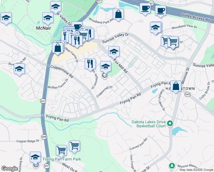 map of restaurants, bars, coffee shops, grocery stores, and more near 13232 Coppermill Drive in Herndon