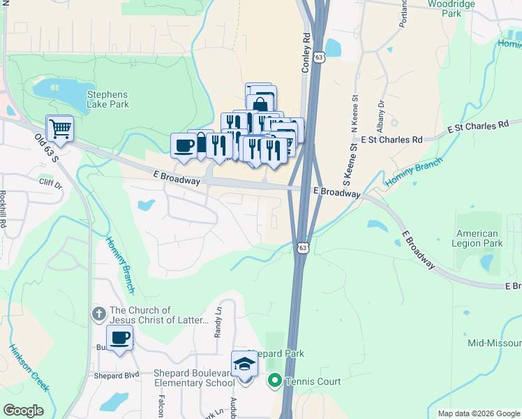 map of restaurants, bars, coffee shops, grocery stores, and more near 500 Columbia Drive in Columbia