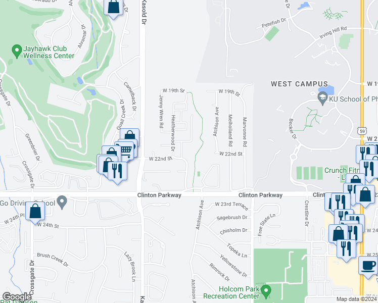 map of restaurants, bars, coffee shops, grocery stores, and more near 3100 West 22nd Street in Lawrence