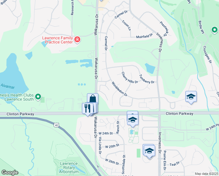 map of restaurants, bars, coffee shops, grocery stores, and more near 2100 Saddlebrook Drive in Lawrence