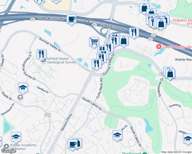 map of restaurants, bars, coffee shops, grocery stores, and more near 2000 Colts Neck Road in Reston