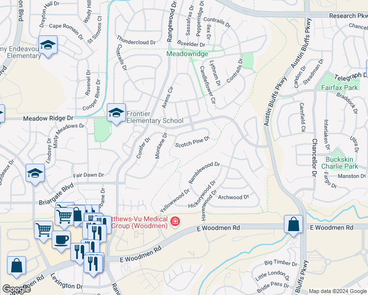 map of restaurants, bars, coffee shops, grocery stores, and more near 4045 Scotch Pine Drive in Colorado Springs