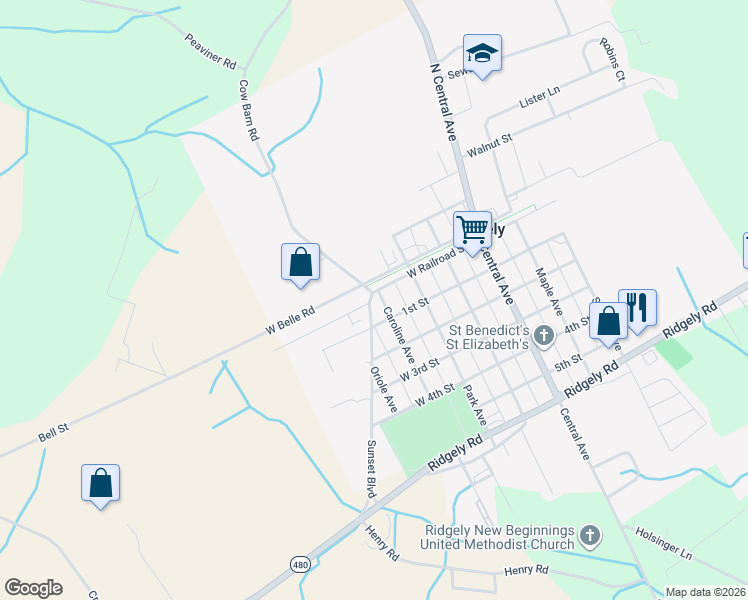 map of restaurants, bars, coffee shops, grocery stores, and more near 302 West Railroad Street in Ridgely