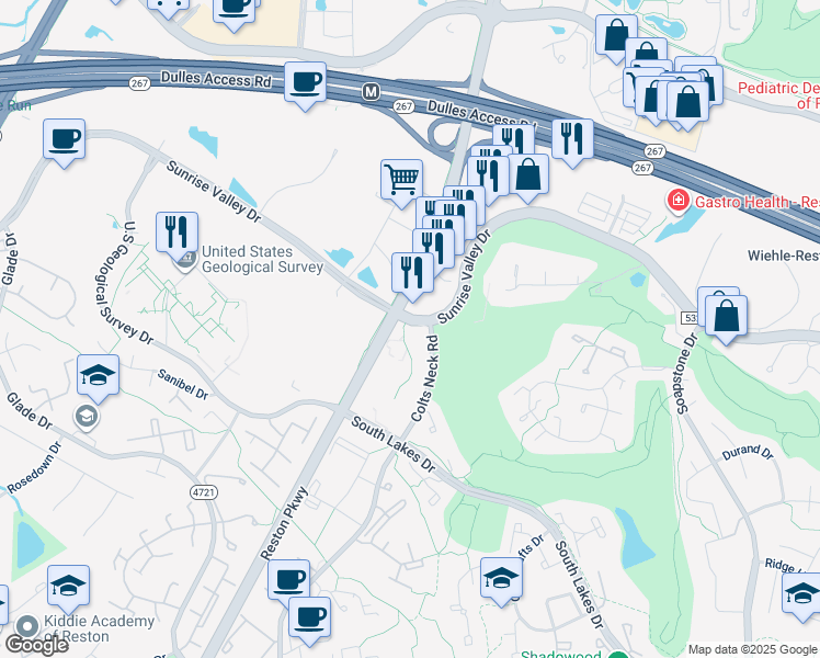 map of restaurants, bars, coffee shops, grocery stores, and more near 2000 Colts Neck Road in Reston