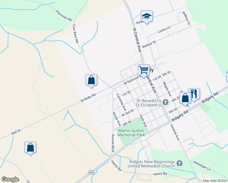 map of restaurants, bars, coffee shops, grocery stores, and more near 302 West Railroad Street in Ridgely